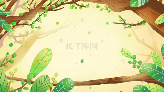 中式边框墨迹插画图片_手绘唯美治愈树枝树叶边框背景