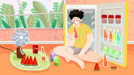 大暑海报插画图片_夏日喝冰饮的男孩插画海报