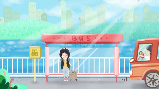 低碳公交车插画图片_夏天女孩行李箱公交车站毕业旅游高考