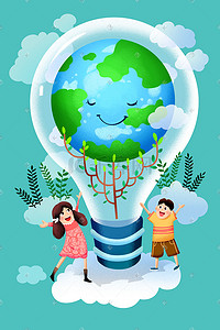 环境保护绿色插画图片_蓝色系卡通手绘风环境保护配图
