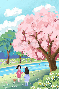 樱花郊游插画图片_樱花季节出门散步遇到朋友治愈系