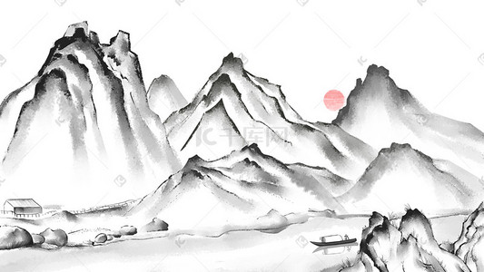 黑色山峦插画图片_水墨山水画山峦间的河流