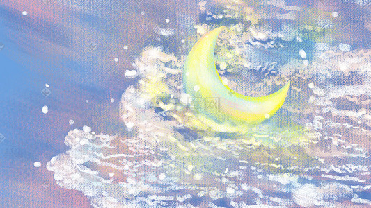 大海月亮插画图片_海滩海浪月亮新月海边