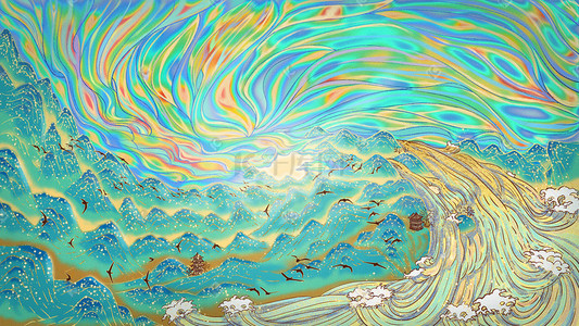 欧式金色边框线条插画图片_中国风古风复古敦煌山云彩金色河流