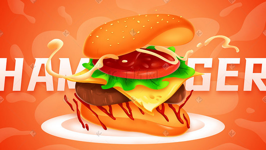 牛排煎锅插画图片_红色矢量扁平汉堡包特写