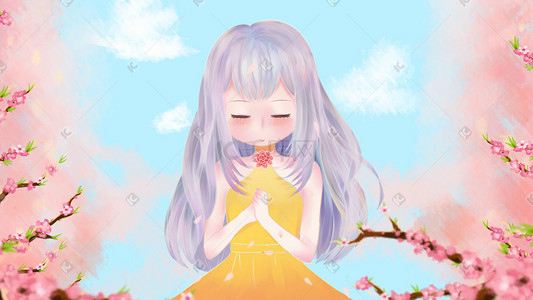 粉色系少女插画图片_四月你好桃花树下的少女