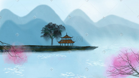 水墨中国风蓝色插画图片_中国风水墨山河亭子桃树蓝色背景