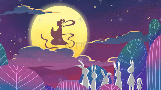 白兔兔子插画图片_蓝色系卡通手绘风中秋嫦娥白兔配图中秋