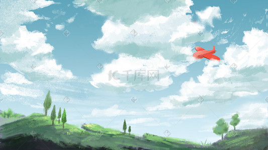 三月插画图片_立春春天天空蓝天云草地卡通飞机风景背景