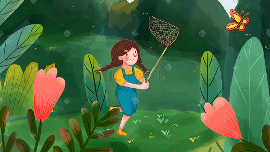 绿色的可爱的插画图片_可爱的长辫子女孩春天在山里追捕蝴蝶
