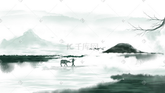 牛耕田回来插画图片_中国风水墨山水风景