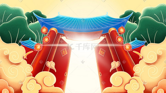 节庆插画图片_中国风新年春节国潮手绘肌理中式大门618