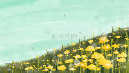 花丛背景插画图片_绿色系唯美小清新鲜花山坡花丛背景