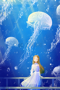 海底小气泡插画图片_蓝色唯美卡通小清新治愈夏季海洋海底配图