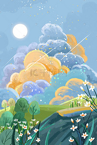 彩色手绘云层插画图片_夏日风景手绘背景