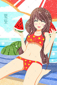 夏至凉爽沙滩泳装可爱少女水灵阳光手绘插画