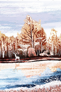 树林雪景背景插画图片_立冬树林风景油画