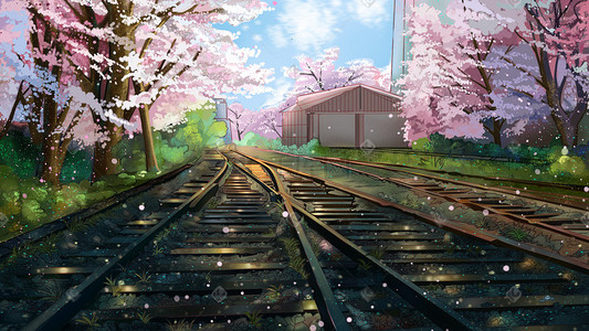 手绘樱花树插画图片_手绘唯美樱花节铁路小站插画