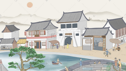 古代室内建筑插画图片_江南古代生活街市