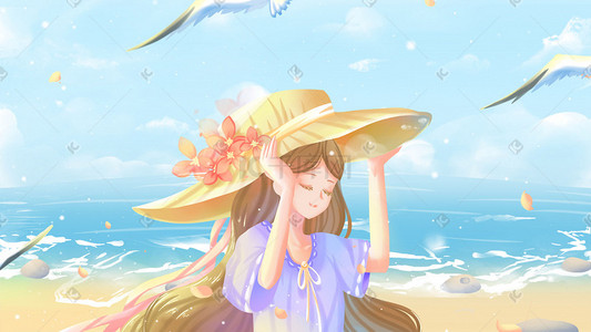 蓝色海水插画图片_蓝色黄色唯美卡通夏季海边度假休闲玩乐配图