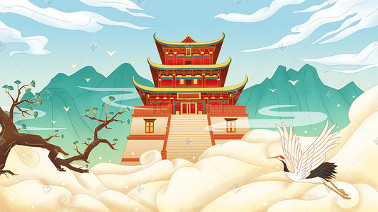 新年国潮风插画图片_中国风国潮风建筑大气场景