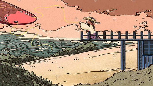和风洗浴插画图片_中国风浮世绘风国风和风日式海浪天空鱼背景