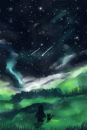 唯美星空下的少女与猫