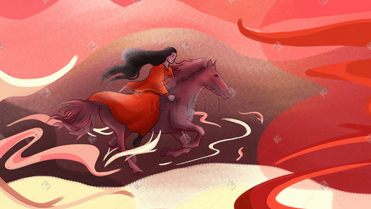 将军骑马插画图片_武侠世界红衣花木兰鲜衣怒马