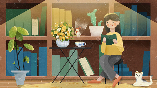 世界读书日夜晚看书的女孩小清新插画