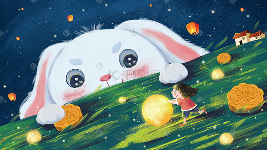草地可爱插画图片_中秋主题之可爱兔子与女孩月亮场景中秋