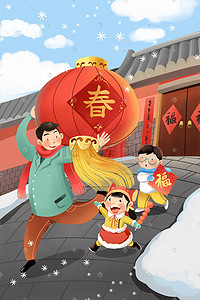 贴新年插画图片_新年春节贴对联挂配图