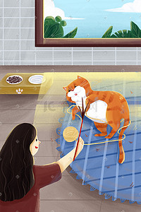 天猫618红插画图片_宠物生活场景陪伴加菲猫的小女孩促销购物618