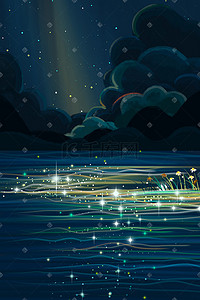 大海唯美插画图片_夜晚星空唯美治愈星星大海天空云背景