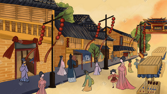 新中国风插画图片_新中国风古建筑古代商业街绸缎庄