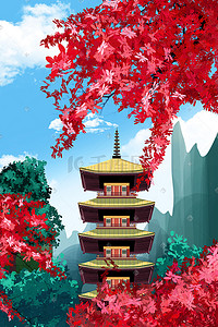 野杜鹃花插画图片_手绘风被杜鹃花包围的中国风塔