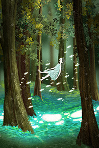 夏日绿色清凉静谧森林树林梦幻童话场景插画