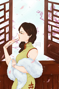 中国风的窗插画图片_民国执扇窗边的女人