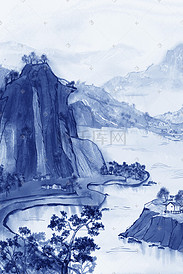 青花瓷写意山水中国风风景水墨画