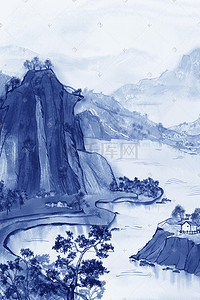 血在水中插画图片_青花瓷写意山水中国风风景水墨画