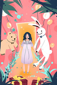 61儿童节少女礼物小熊兔子卡通小清新插画六一