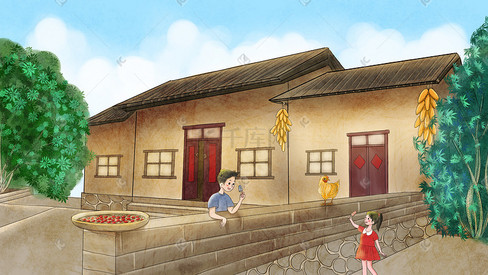 六一儿童节90年代童年儿童童趣房屋复古手绘插画背景