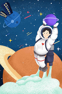 科幻卡通插画图片_太空飞船科技科幻宇航员外太空卡通手绘插画科技