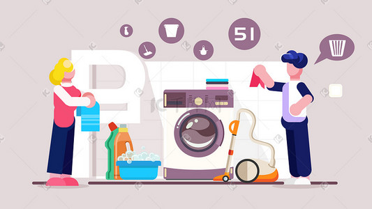 滚筒洗衣机插画图片_51劳动节清洁打扫