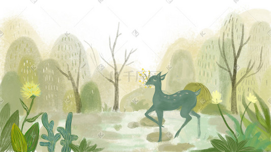 小鹿头套插画图片_水墨风景简约干净小鹿植物水彩风手绘小清新