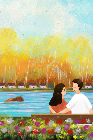 情侣背影温馨一起看风景油画