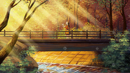 树林光影插画图片_秋天主题之秋天风景桥油画