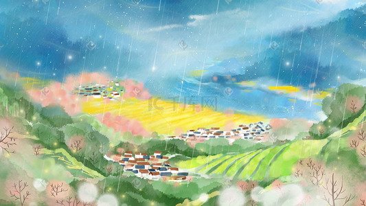 梯田插画图片_蓝色系梦幻唯美治愈村庄山脉梯田下雨背景