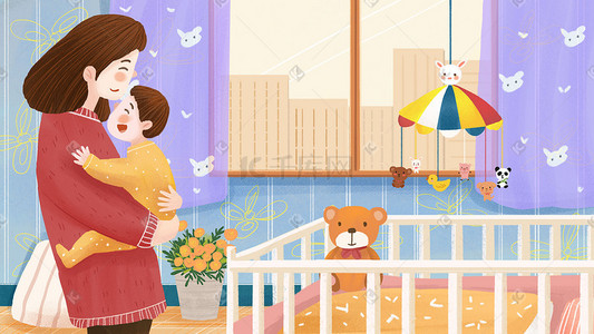 感恩节插画图片_母婴主题妈妈抱着孩子温馨治愈