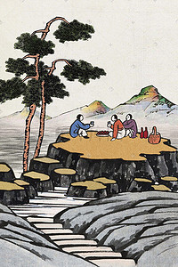 水墨石阶插画图片_中国风古风水墨树木石头台阶山脉聚餐背景