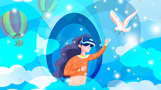 vr虚拟科技插画图片_扁平高科技VR天空飞鸟热气球白云科技